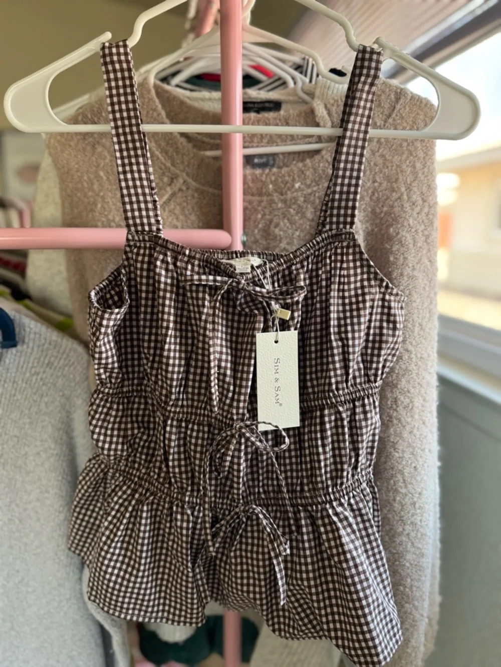 Gingham NWT Sim & Sam Brown Ruffle Top - Picture 1 of 7